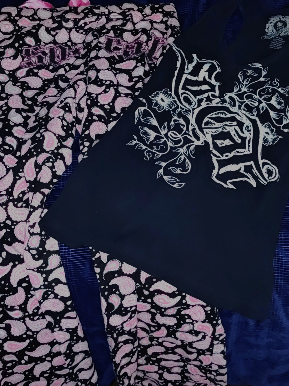 Y2K Vintage SoCal Paisley Print Pajama Pants & Black V-Neck Ribbed Tank